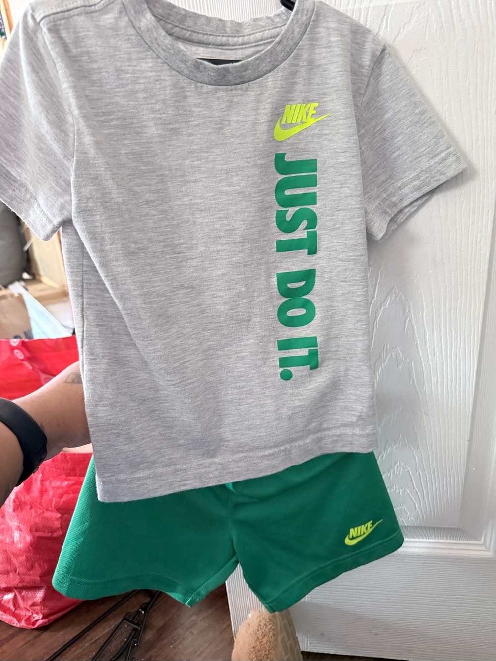 Nike Gray Tee with Green 'Just Do It.' Print and Green Shorts Set